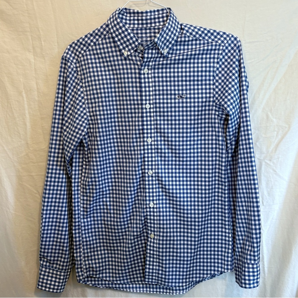 Vineyard Vines Casual Blue and White Gingham Button Down Performance Shirt